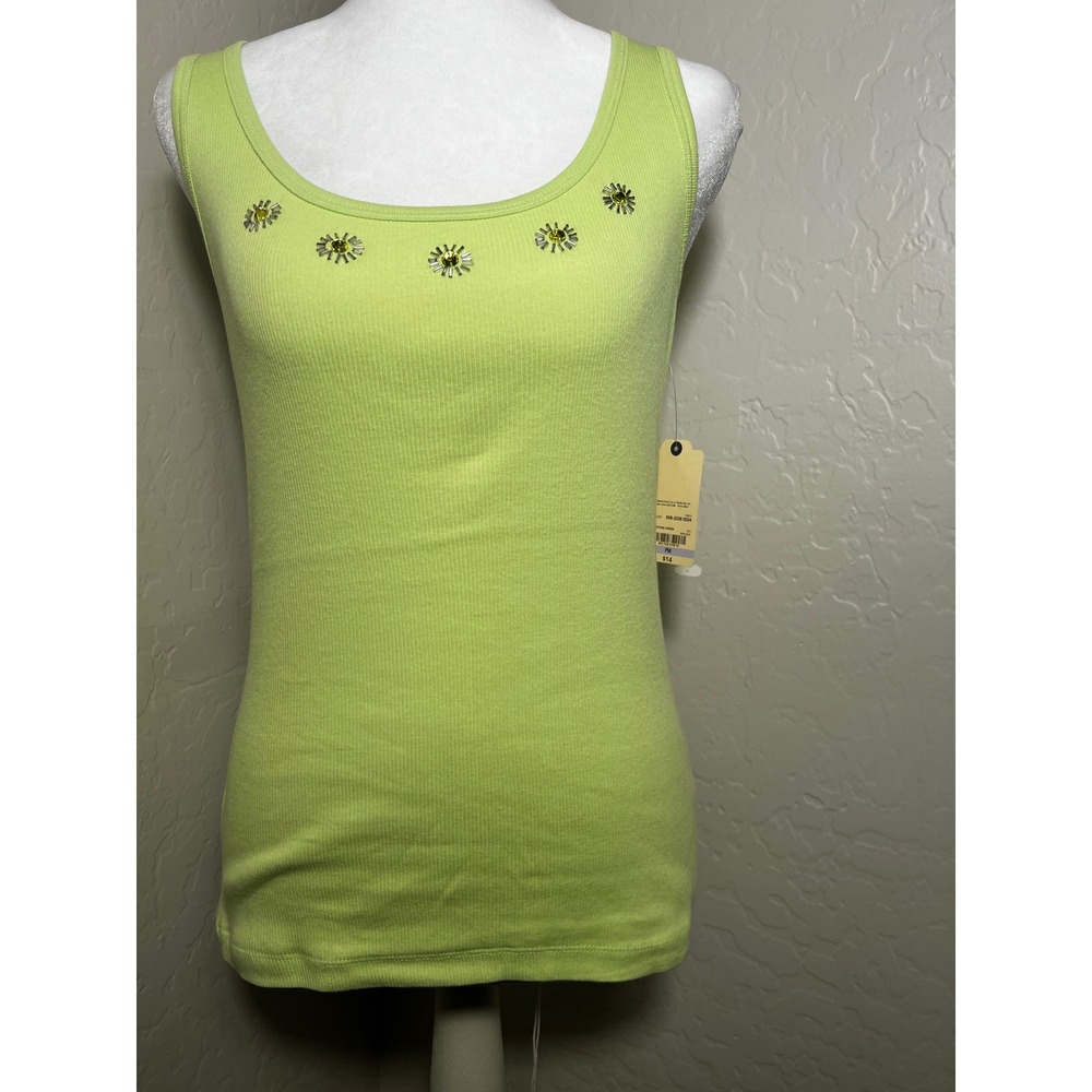 St. Johns Bay Lime Green Embellished Ribbed Tank Top Petite Medium NWT - Picture 2 of 4